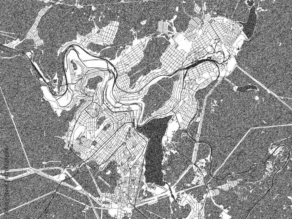 Fototapeta premium Black and white cartographic illustration of Zlatoust, Russian Federation, in hand-drawn sketch form.