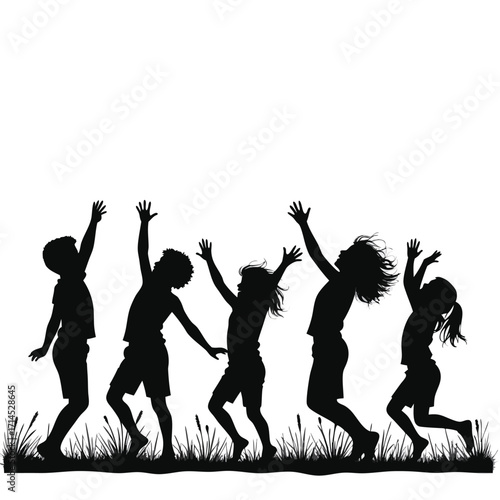 Five children silhouettes jumping in grass kids playing