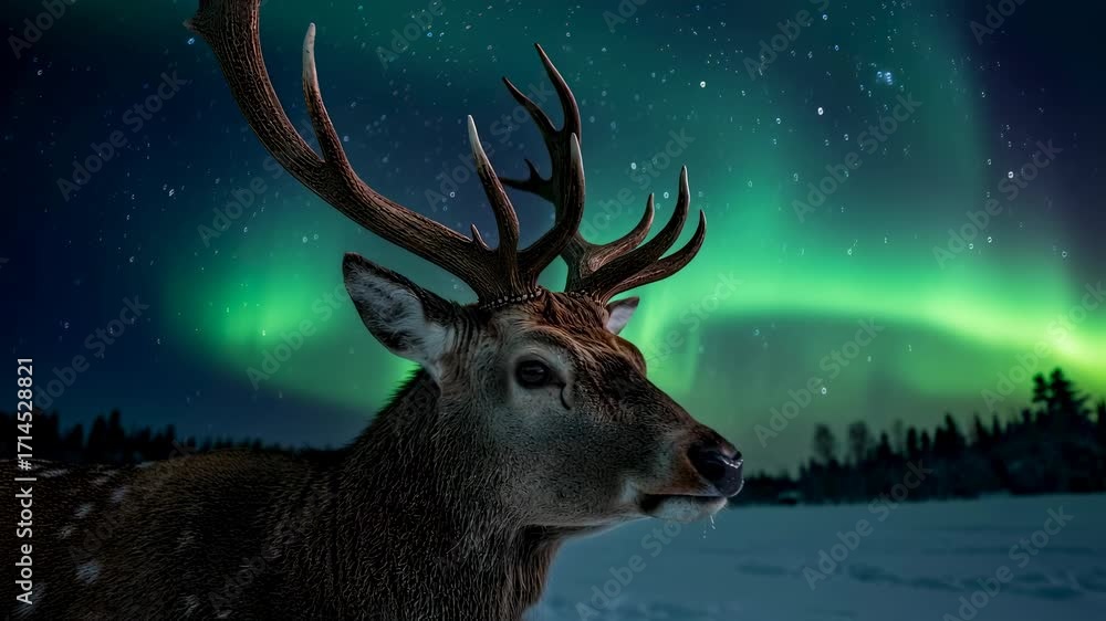 Deer in winter snowy landscape with northern sky aurora borealis vibrant green light moving across night star background footage