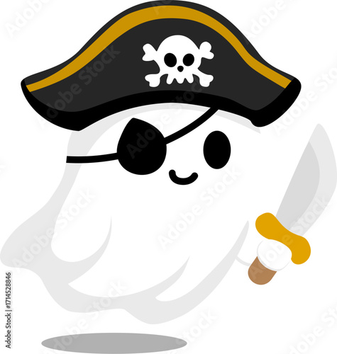 Cute pirate ghost character wearing black hat with skull emblem, eye patch, and sword perfect for Halloween party design