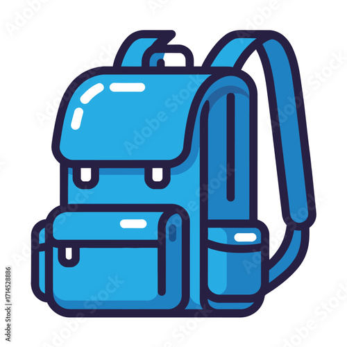 A bright blue backpack with multiple pockets, a vector icon for school, travel, or outdoor adventures.