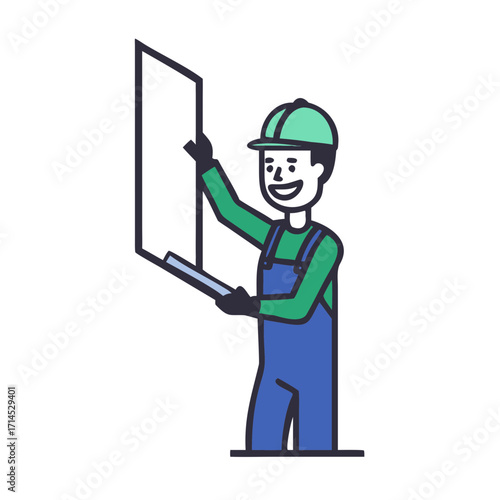Smiling male worker holding drywall sheet while wearing helmet  