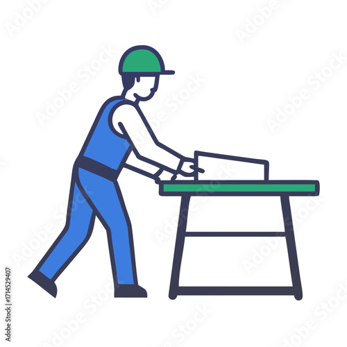Worker operating saw on cutting table in workshop  