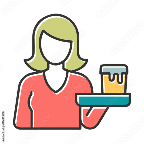 Woman serving beer on tray with cheerful expression in pub  