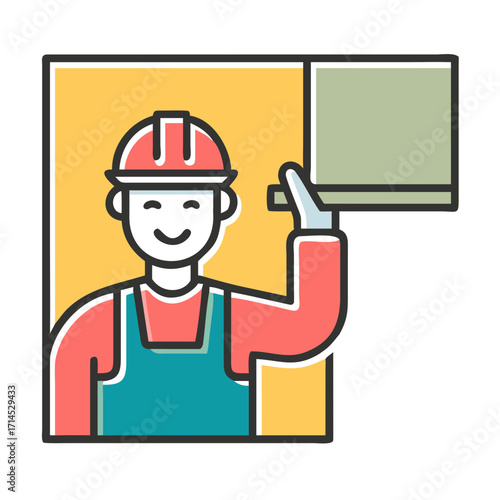 Smiling worker wearing hard hat holding construction material in hands  
