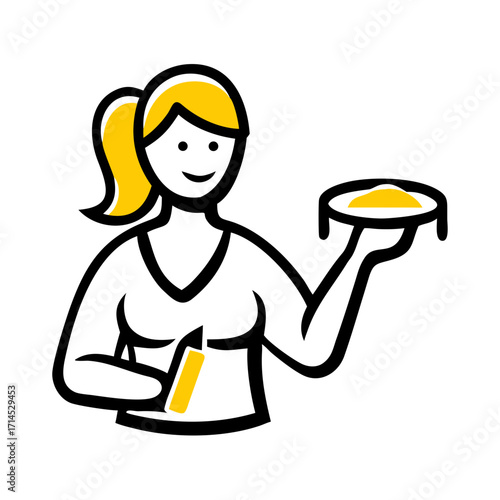 Woman holding a paint tray with yellow paint and smiling  