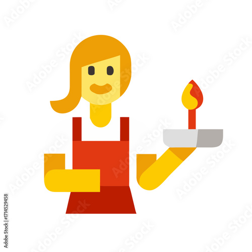 Woman holding a candle in a decorative dish in a cheerful style  