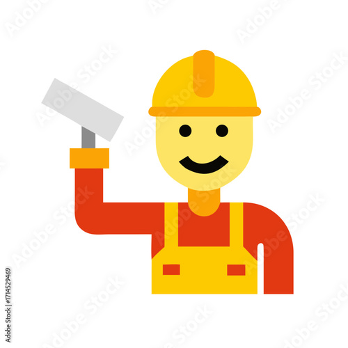 Cartoon worker smiling and holding paint roller in yellow cap  