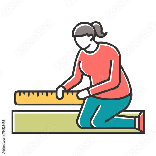 Woman measuring laminate flooring with ruler while kneeling  