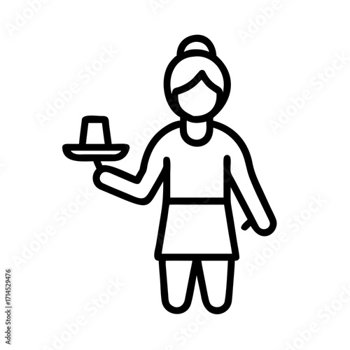 Line art of woman holding a serving tray with cup on it  