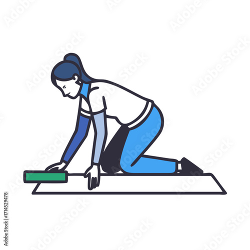 Woman kneeling while installing laminate flooring in a room  