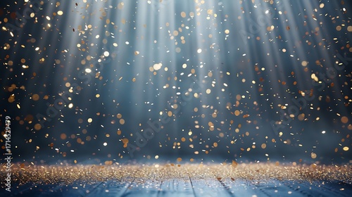 Shimmering Golden Particles Falling Under Dramatic Rays of Light in a Dark Atmosphere with a Wooden Floor Background