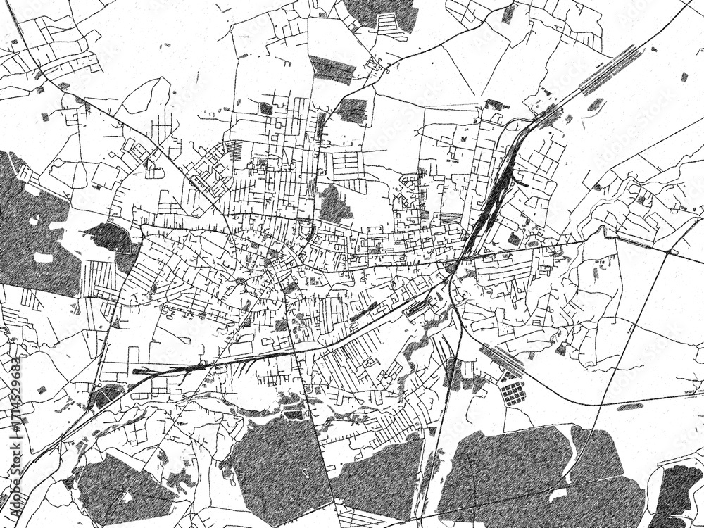 Fototapeta premium Poster-ready monochrome city map of Drohobych, Ukraine, with detailed streets and rivers.