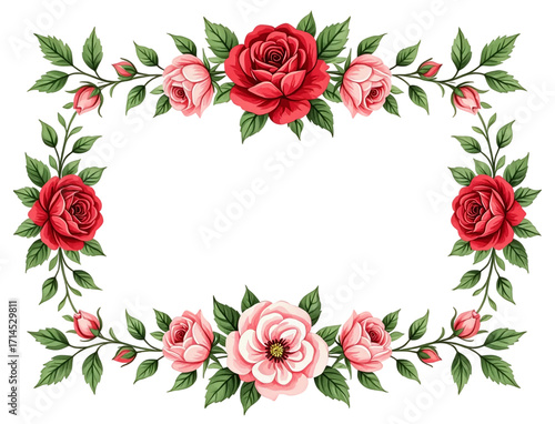 Rose Floral Frame Watercolor – Elegant Border with Red and Pink Roses.