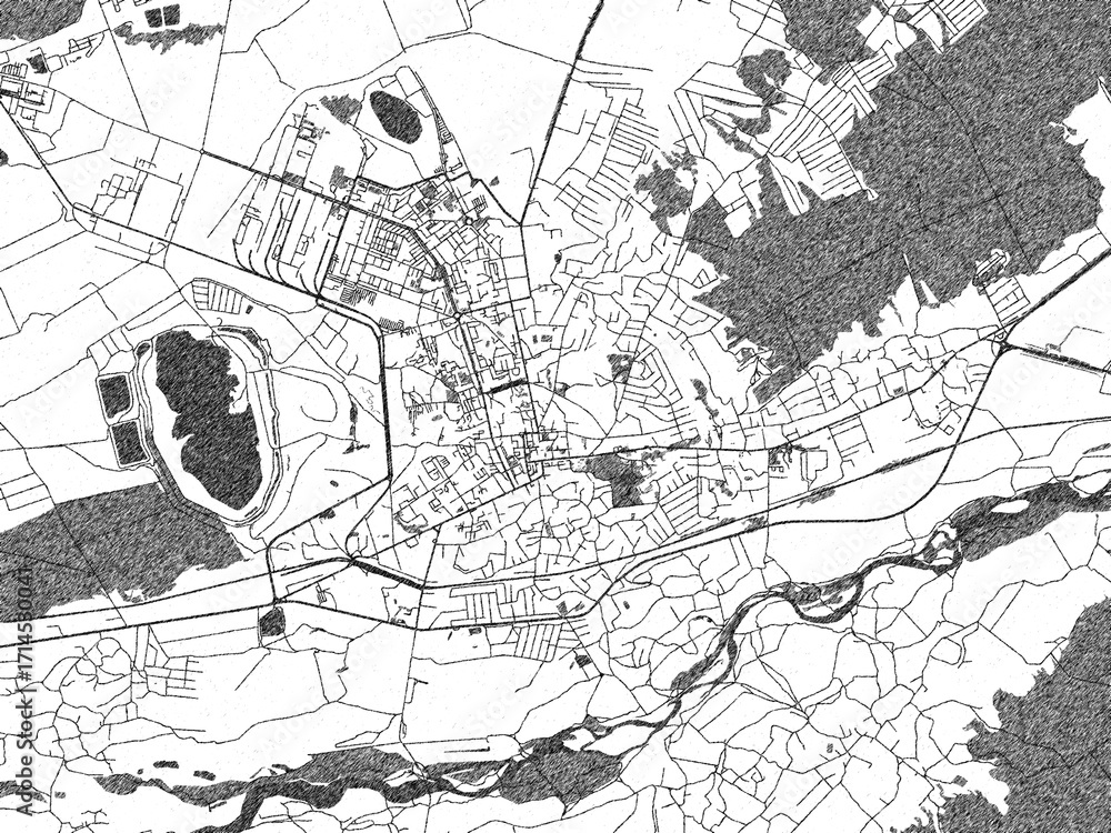 Fototapeta premium Artistic monochrome city map of Kalush, Ukraine, created in a hand-drawn style.