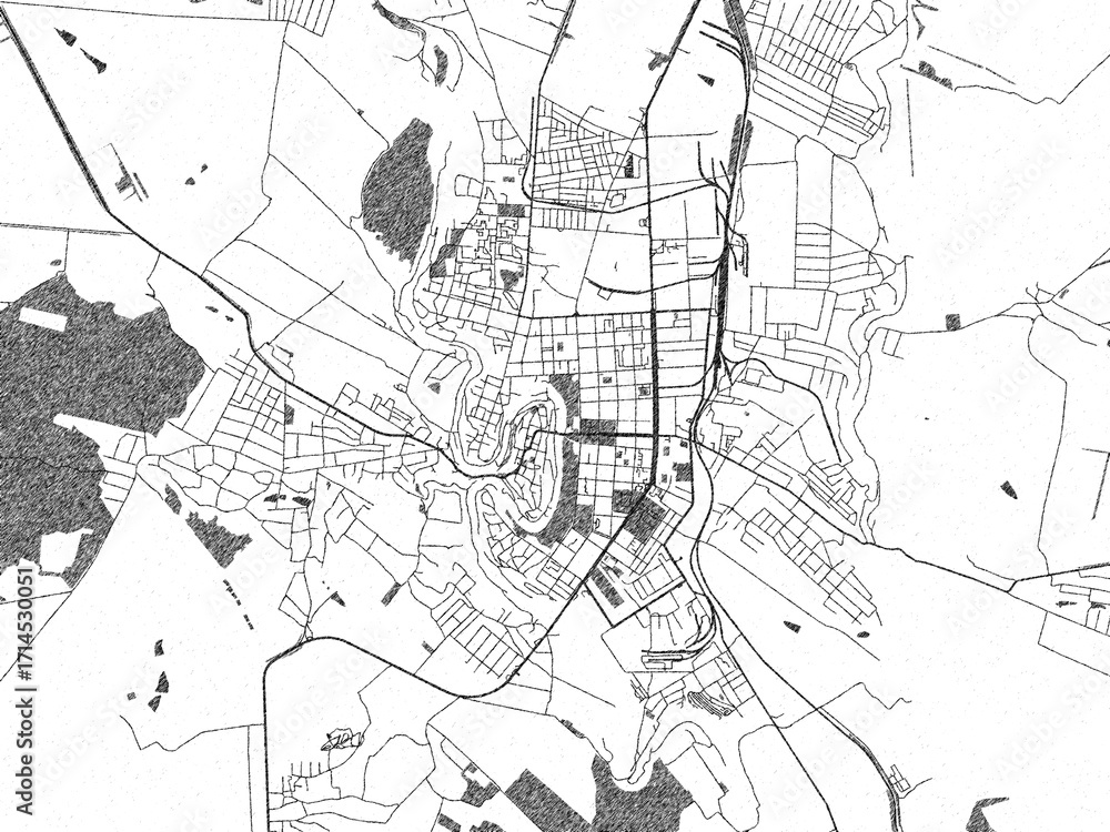 Naklejka premium Decorative monochrome illustration of Kamianets-Podilskyi, Ukraine, showing its detailed grid.
