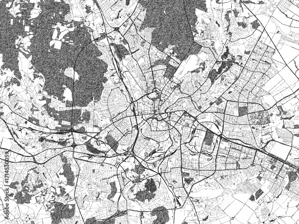 Fototapeta premium Minimalist monochrome city map of Kharkiv, Ukraine, illustrated with urban detail.