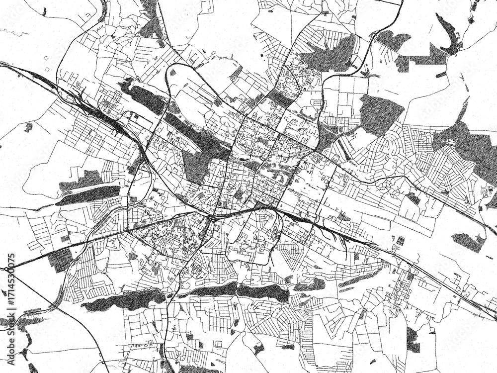 Naklejka premium Hand-drawn black and white city map of Khmelnytskyi, Ukraine, ready for wall art or editorial projects.