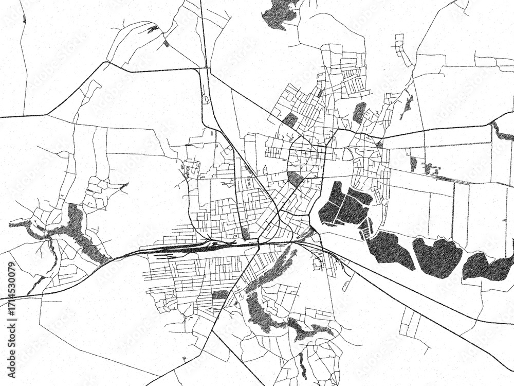 Naklejka premium Decorative black and white map of Konotop, Ukraine, rendered in sketch-like style.