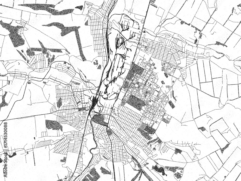Fototapeta premium Detailed artistic sketch map of Kramatorsk, Ukraine, in monochrome black and white.