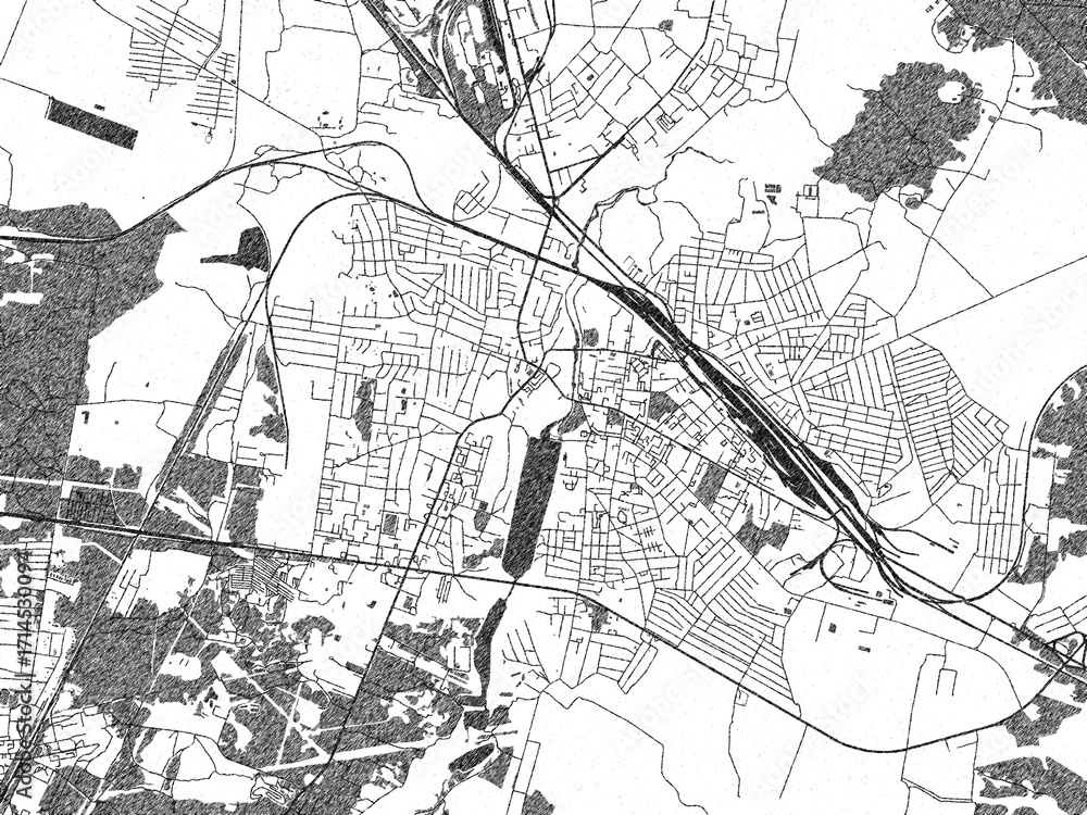 Naklejka premium Black and white cartographic illustration of Kovel, Ukraine, in hand-drawn sketch form.