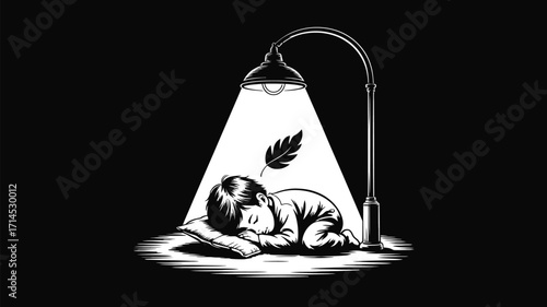 Dreamy monochrome illustration of a child sleeping peacefully under the soft glow of a street lamp