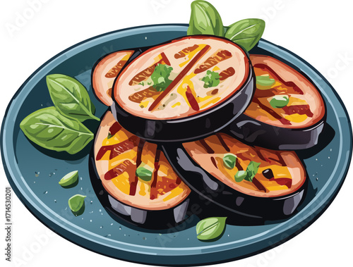 Grilled eggplant clipart, isolated cartoon illustration, sliced eggplants with charred edges.