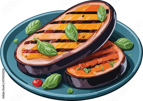 Grilled eggplant clipart, isolated cartoon illustration, sliced eggplants with charred edges.