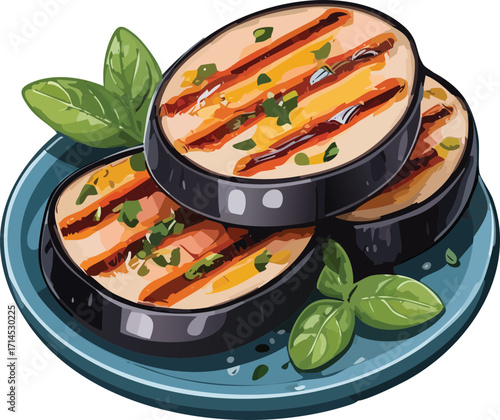 Grilled eggplant clipart, isolated cartoon illustration, sliced eggplants with charred edges.