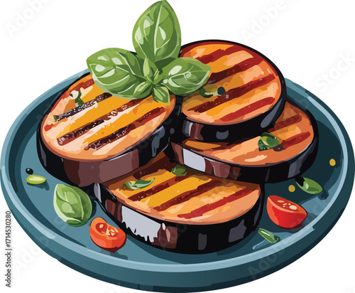 Grilled eggplant clipart, isolated cartoon illustration, sliced eggplants with charred edges.
