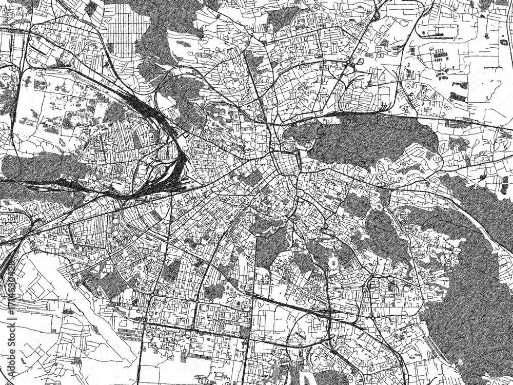 Fototapeta premium Decorative black and white map of Lviv, Ukraine, rendered in sketch-like style.
