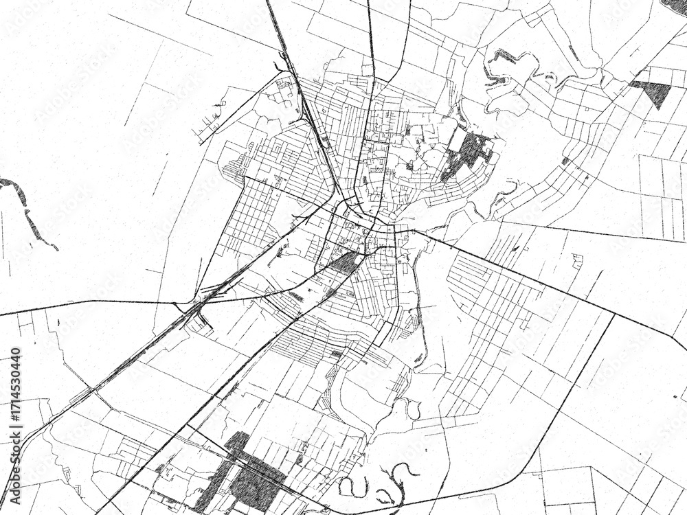 Naklejka premium Stylized black and white urban map of Melitopol, Ukraine, hand-drawn for decor and creative use.