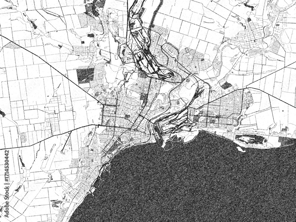 Naklejka premium Black and white map poster of Mariupol, Ukraine, illustrated in hand-drawn style.