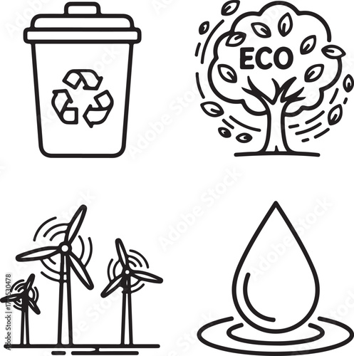Set of Line Art Environmental Icons Representing Recycling, Nature, Wind Energy, and Water Conservation