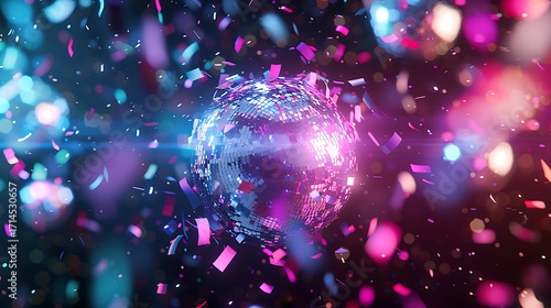 Sparkling Disco Ball Surrounded by Colorful Confetti and Bright Lights in a Festive Party Atmosphere
