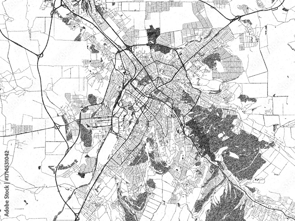 Naklejka premium Stylized decorative city map of Simferopol, Ukraine, hand-drawn in black and white.