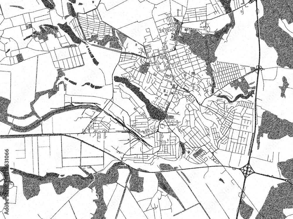 Fototapeta premium Illustrated city map of Uman, Ukraine, in black and white, showing roads and textures.