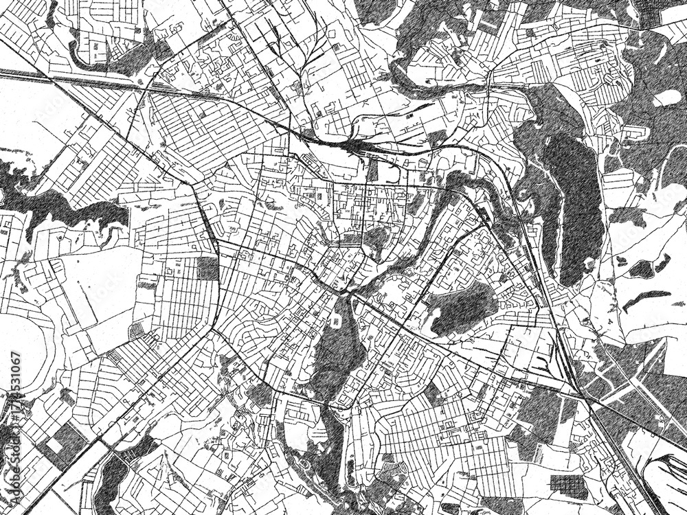 Fototapeta premium Poster-ready black and white illustration map of Sumy, Ukraine, detailed and artistic.
