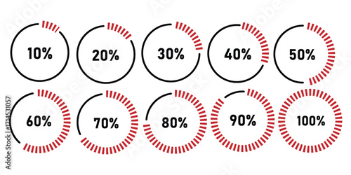 Set of circular sector arc percentage diagrams meters progress bar from 0 to 100 ready-to-use for web design, user interface UI or infographic - indicator with red