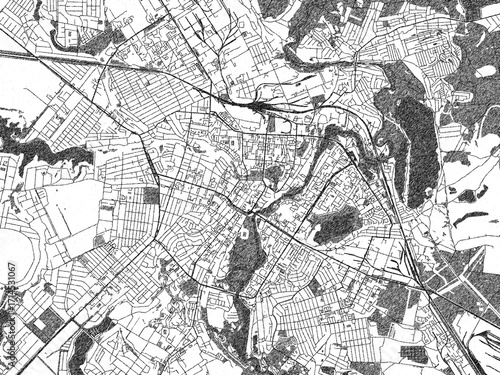 Poster-ready black and white illustration map of Sumy, Ukraine, detailed and artistic.