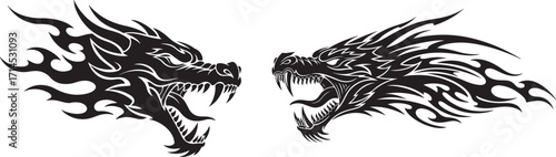 Two Tribal Black Dragon Heads with Flames Facing Each Other in an Aggressive Stance