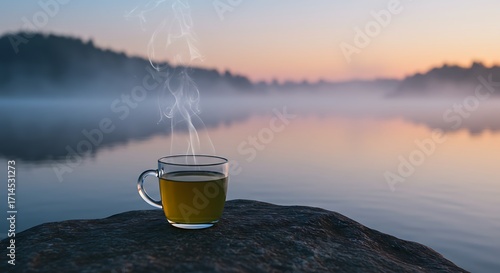 Steaming Cup of Tea on Rocky Shoreline at Misty Sunrise