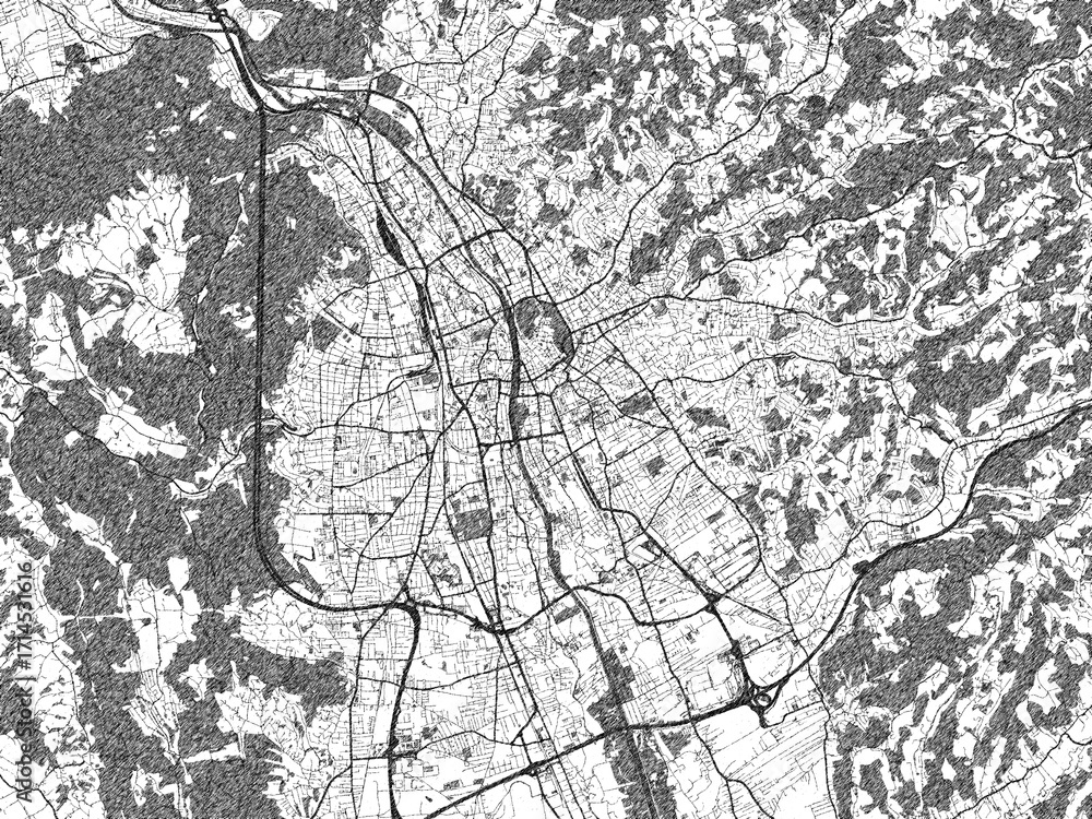 Obraz premium Sketch-style black and white map of Graz, Austria, perfect for illustration and wall art.