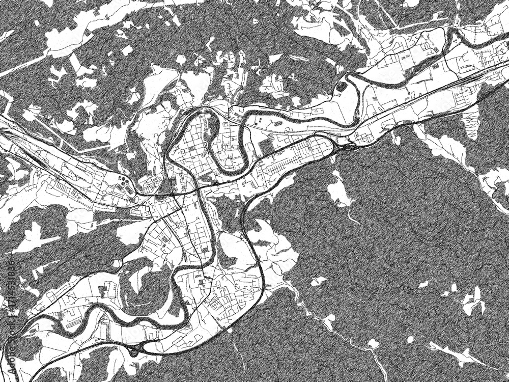 Naklejka premium City map illustration of Leoben, Austria, rendered in black and white sketch style.