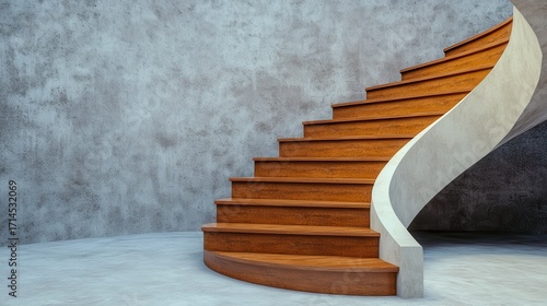 Modern Wooden Spiral Staircase Against Textured Concrete Wall