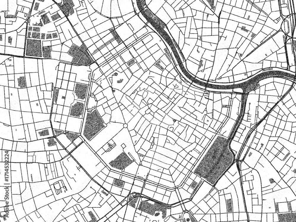 Naklejka premium Poster-ready black and white illustration map of Wien Zentrum, Austria, detailed and artistic.