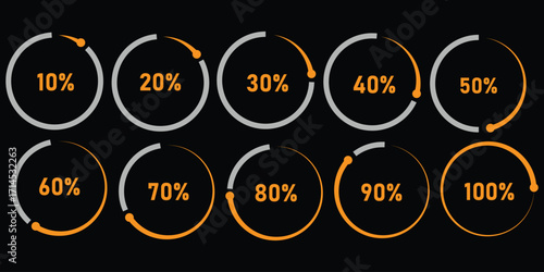 Set of circular sector arc percentage diagrams meters progress bar from 0 to 100 ready-to-use for web design, user interface UI or infographic - indicator with yellow
