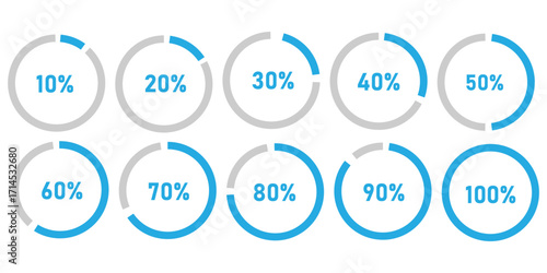 Set of circular sector arc percentage diagrams meters progress bar from 0 to 100.