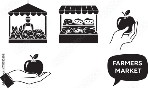 Collection of Farmers Market Icons with Food Stalls and Fresh Produce