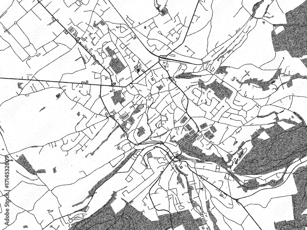 Naklejka premium Black and white cartographic illustration of Eupen, Belgium, in hand-drawn sketch form.
